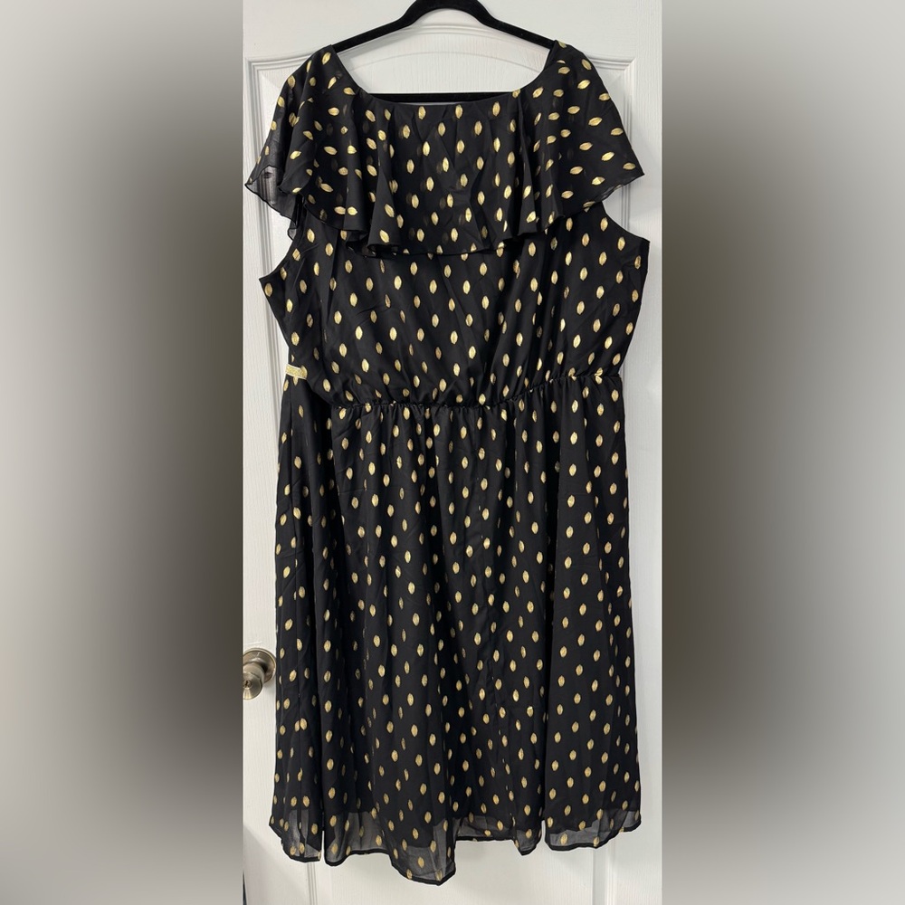 BloomChic Shimmery Polka Dot Stretchy Waist Midi Dress Black/Gold Plus Size - Picture 8 of 11
